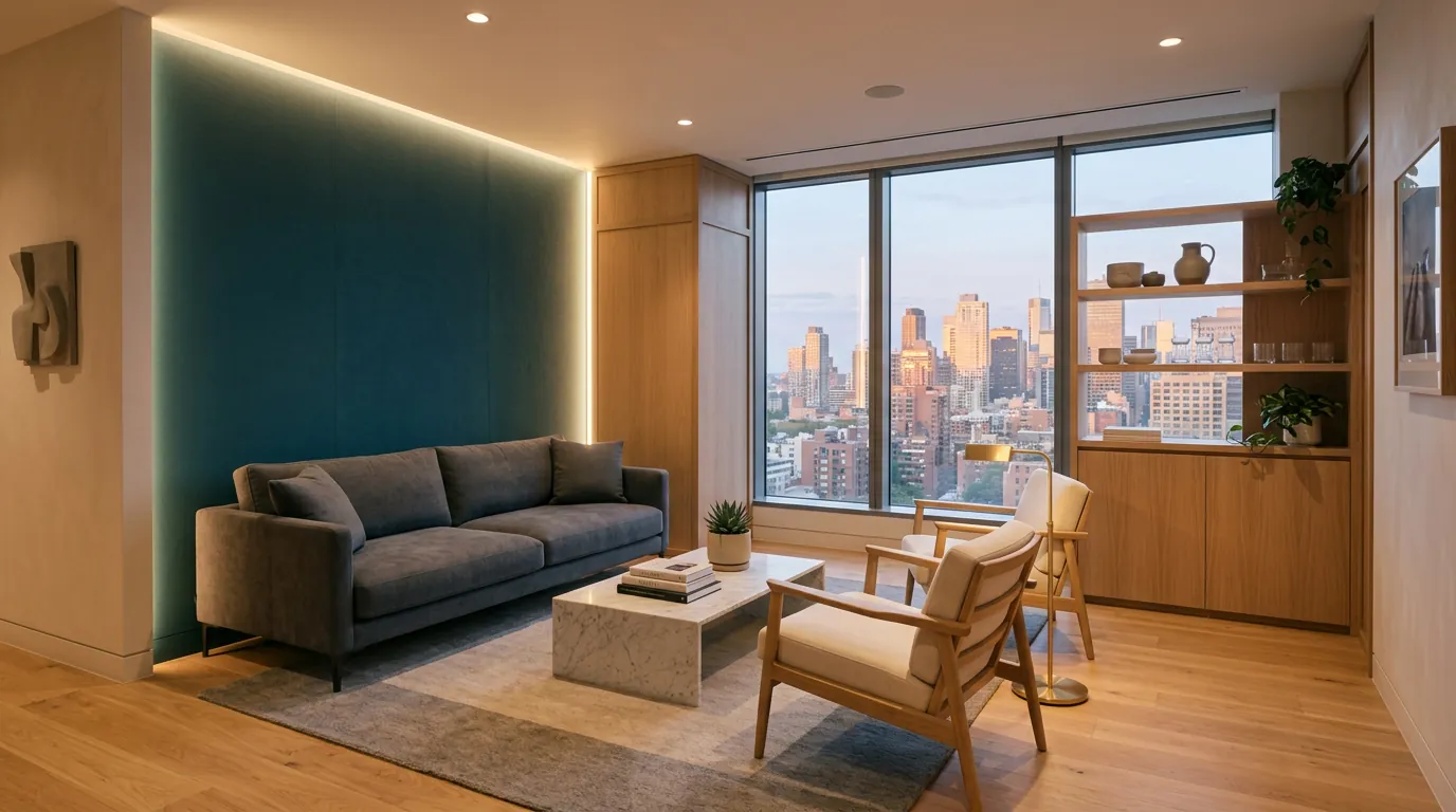 Sala de espera do consultório com sofá, poltronas e vista da cidade