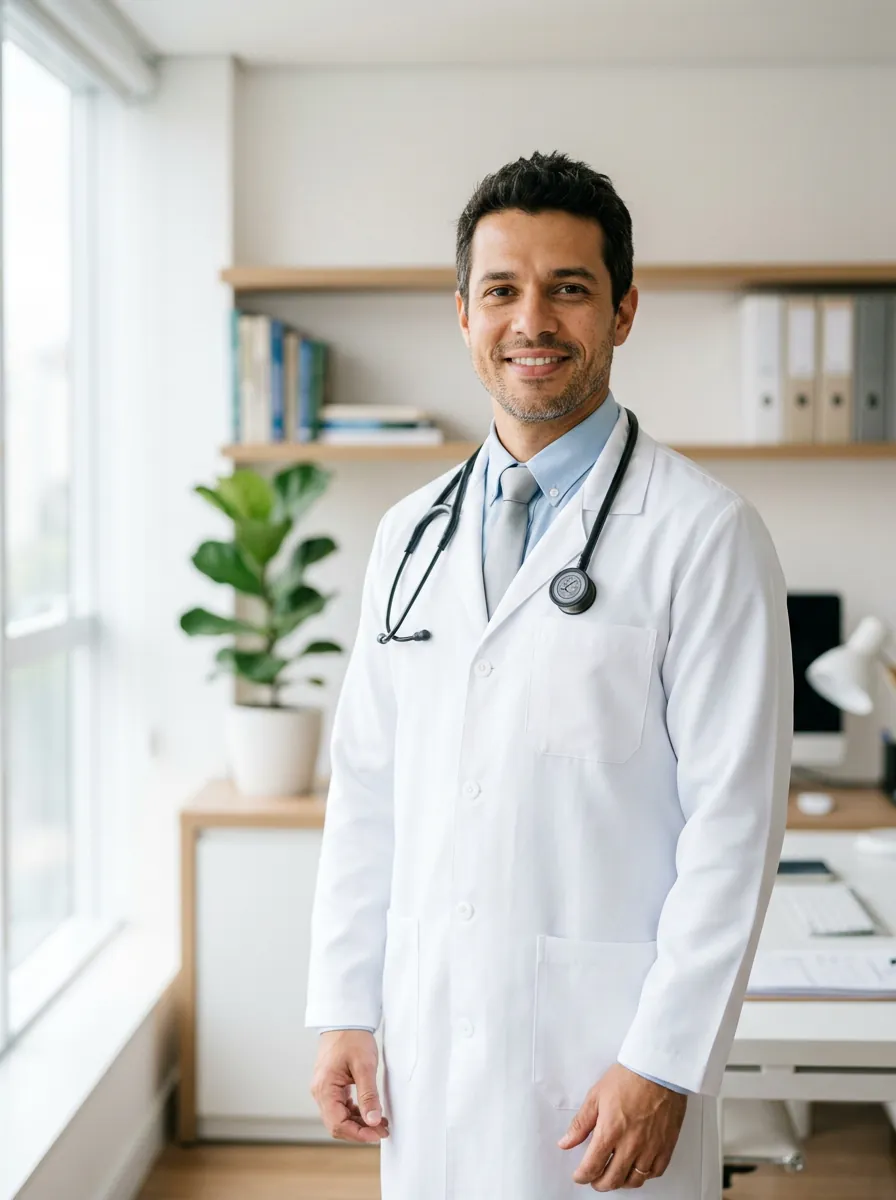 Dr. Rafael Montenegro, cardiologista, de jaleco branco em seu consultório